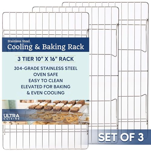 Ultra Cuisine Heavy Duty 3 Tiers Stackable, 16 x 10 Cooling Rack for Cooking and Baking - Professional Grade Premium 100% Stainless Steel Baking Rack & Wire Cooling Mesh - Dishwasher Safe - Pack 3