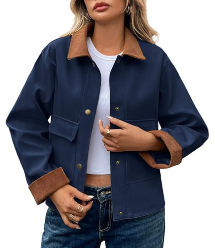 Chaquetas Mujer Cuello Alto Chaqueta Corta Casual Chaqueta Manga Larga Pana Solapa Botón Shacket Abrigo con Bolsillos Sudadera, azul marino, L