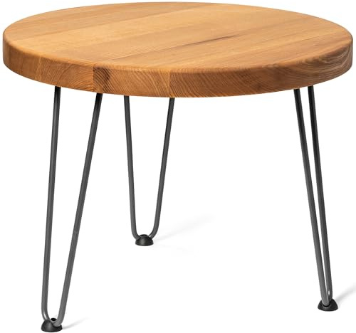 LAMO Manufaktur Mesa de Centro Redonda 50 cm | Mesa Auxiliar Madera para salón, mesita de Noche para Dormitorio con Patas Hairpin | Grosor: 40 mm, Color: marrón Nogal, Patas: Antracita, Altura: 35 cm