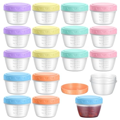 Fentar 18Pack Salad Dressing Pots with Lids, 120ML Reusable Round Sauce Pots, Leak-proof Screw Top Small Food Containers with Scale, Mini Snack Pots for Sauce Yogurt Fruit (6 Colors)