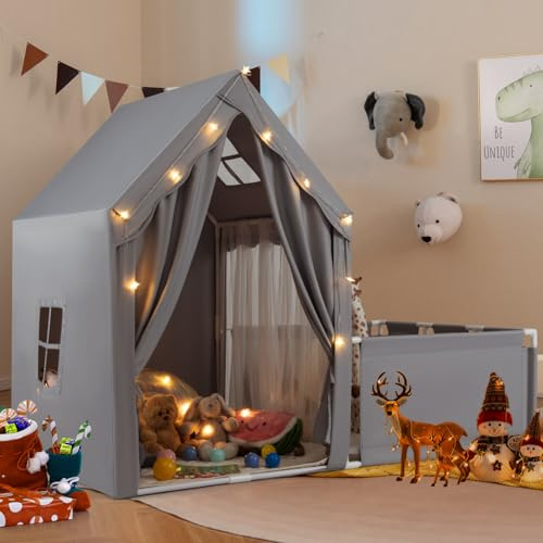 Maxmass Large Kids Play Tent, Children Play House with Playpen, Star Lights, Washable Cotton Mat, 2 in 1 Indoor Toddler Playhouse Castle Fairy Tents for 3+ Years Old Girls Boys (Grey)
