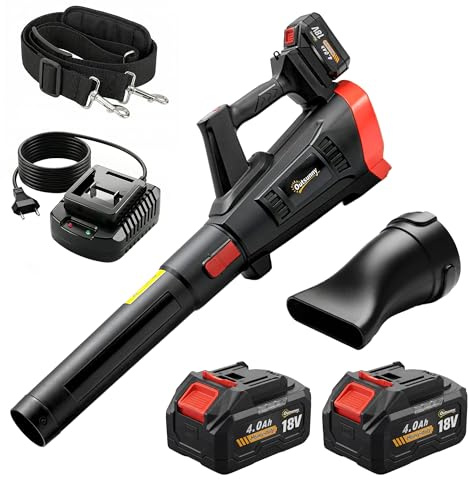 Outsunny Soffiatore a Batteria 18V, Soffiatore Foglie con 2 Batteria 4Ah, Motore Brushless 600W, 3 Livelli Velocità 149 km/h, Turbo Boost, 2 Tubi, Caricabatterie, per Giardino Foglie Neve Polvere