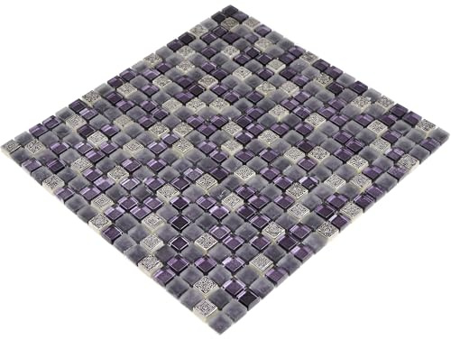 Mosaik Quadrat Crystal/Stein/Resin mix lila/lila matt Glas Naturstein Ornament Fliesenspiegel, Mosaikstein Format: 15x15x8 mm, Mattengröße: 322x305 mm, 1 Matte