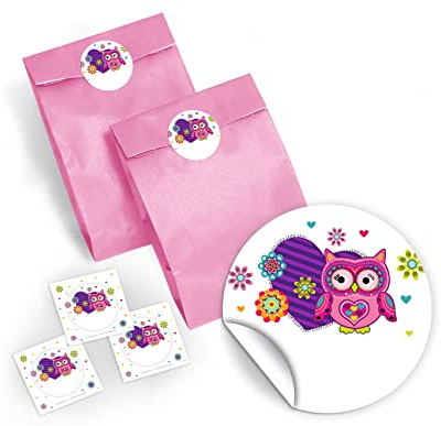 12 Party-Tüten/Hellrosa mit 12 Aufkleber für Geschenke Mitgebseln beim Kindergeburtstag Eule/Hochzeit/Geburtstag/Kinderfest