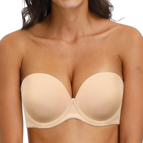 YANDW BH Trägerlos Damen Stark Gepolstert Push up Cabrio Trägerloser Halt Multiway Bügel T-Shirt BHS - Beige, Size: 80B
