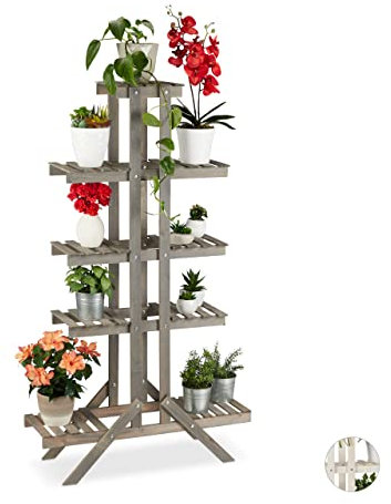 Relaxdays Blumentreppe 5 Stufen, Holz, für innen, freistehend, Shabby-Chic, HxBxT: 142 x 83 x 25 cm, Blumenregal, grau
