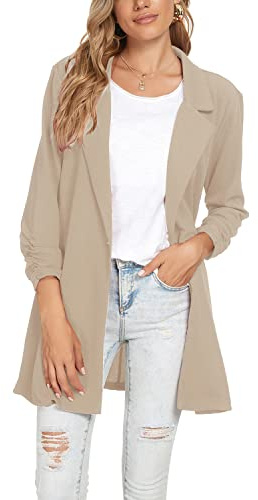 Womens Casual Long Blazer Ruched 3/4 Sleeve Button Front Jacket (Khaki,M)