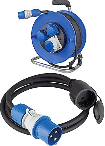 as - Schwabe Camping CEE Camping-Set: Kabeltrommel 25m CEE-Stecker auf 3 Steckdosen + Adapterleitung 1,5m + CEE-Stecker auf Schutzkontaktsteckdose, powerlight Spannungsanzeigen & Schutzkontaktkupplung