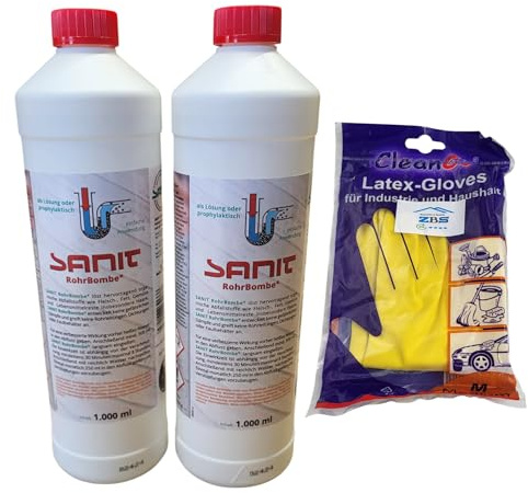 zbs24 Sanit RohrBombe Rohrreiniger, 2 x 1000ml | Säurefrei, Löst Verstopfungen durch Haare, Inkl. Latex Haushaltshandschuhe, Alternative Rohrreiniger