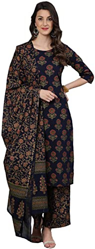 Arayna Women's Floral Printed Pure Cotton Kurta with Trousers & Dupatta, Blue, XX-Large, Blue, XX Large