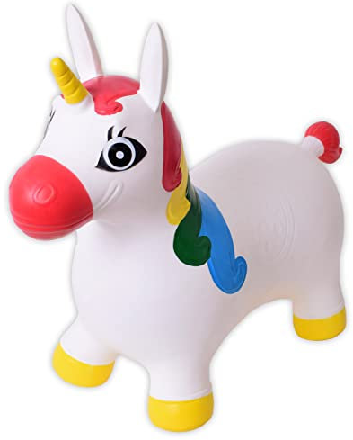TE-Trend Hüpftier Einhorn Pferde Spielzeug Hüpfpferd Hüpfball ab 2 3 4 5 6 Jahre Hopser Unicorn Pferd zum draufsitzen und hüpfen Regenbogen Weiß Mehrfarbig