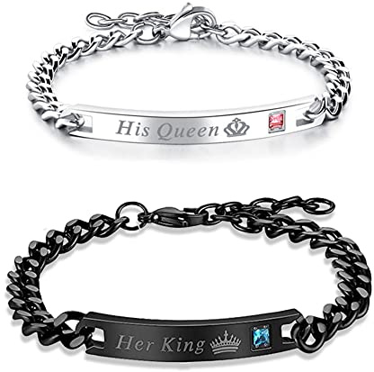 Pulsera de pareja de acero inoxidable para mujeres y hombres, juego de pulseras His Her Her a juego, regalo para amante, relación, amistad, cadena de distancia, joyería, plata, negro, cristal