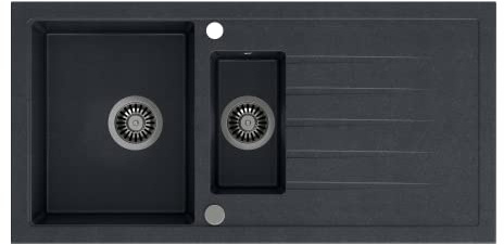 VBChome Spülbecken 100 x 50 cm Einzelbecken Schwarz Granit Rechteckig Reversibel Einbauspüle Gesprenkelt Großes Tiefes Becken Siphon