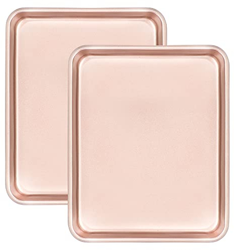 Cyimi 11 x 9 Baking Pans, Cookie Sheets Set of 2, Nonstick Toaster Oven Pan Set for Baking, Heavy Duty Carbon Steel Non-toxic Oven Replacement Cookie Tray for Kitchen Bakery, Gold
