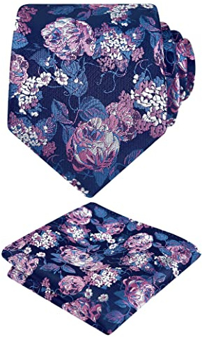 Alizeal Mens Floral Pattern Tie with Pocket Square Classic Casual for Party Wedding Necktie and Hanky Set, Navy+Pink+White
