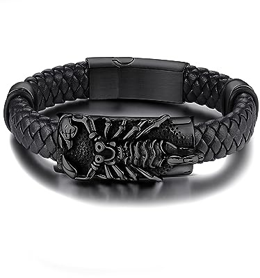 KeyStyle Punk Scorpion Leather Bracelet for Men, Stainless Steel Cool Cuff Bangle Bracelet Wristband Hip Hop Jewelry for Rapper, 8.3 Inches
