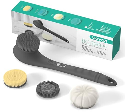 VOYOR Rückenbürste Körperbürste Elektrisch DuschbürsteNatürliche Mähne Trockenbürste Duschschwam mit Langem Griff für Exfoliating IPX6 Wasserdichte USB-Aufladbar Silikon-Körperbürste BC300 (Grau)