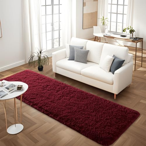 FALARK Weicher Weinroter Läufer für Schlafzimmer, 6 x 1,8 m, Bettvorleger, Plüsch, Flauschige Teppiche, Shag Furry, moderner Teppich für Wohnzimmer, Mädchen, Kinderzimmer, Heimdekoration, Weinrot