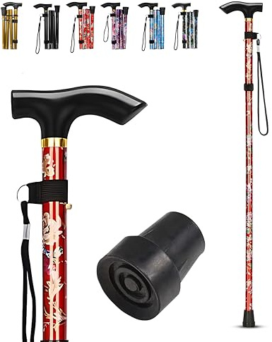 LZZAZ® Promenadstav, justerbar höjd, vikbara promenadkäppar för män, aluminium för kvinnor och funktionshindrade hjälpmedel, promenadkäpp och rörlighetshjälpmedel (röd blomma)