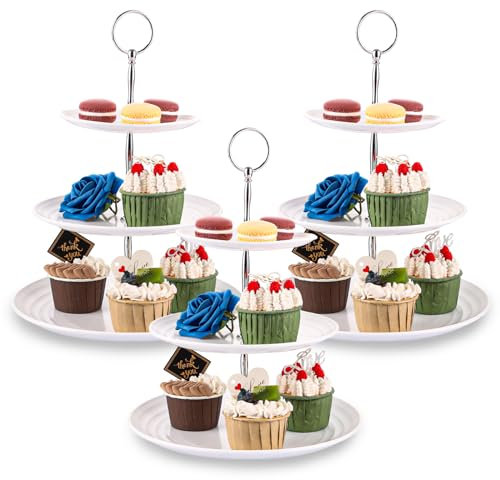 YAYODS 3 Stück Etagere 3 Etagen - Weiß Höhe 33 cm Cupcake Ständer - Kunststoff Rund Tortenständer 3 Etagen für Kuchen, Obst, Snacks, Kekse, Nachmittagstee, Wiederverwendbar