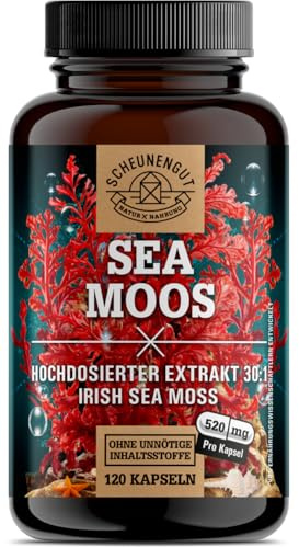 Seamoss - Sea Moss Kapseln Hochdosiert - Vegan DE SCHEUNENGUT® | Intensiv-Dosis Irish Moos / Isländisch Moos aus Irland - Seamoss Kapseln - Laborgeprüft-120 Kapseln