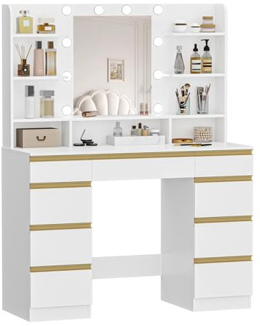 Hzuaneri Große Schminktisch mit LED-Beleuchtung, 10 LED-Lichtkugeln, 3 Farben, einstellbare Helligkeit, Schminktisch mit Spiegel, 9 Schubladen, 9 offenen Ablagen, moderner Stil, Weiß-Gold DT35703X