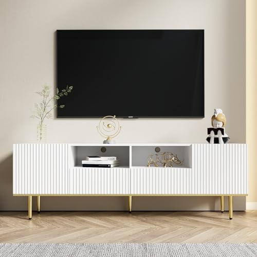 KOMHTOM Weißer TV-Ständer Sideboard tv Schrank lowboard mit Schubladen und goldenen Beinen tv Board für Schlafzimmer Wohnzimmer (Weiß+ Gold)