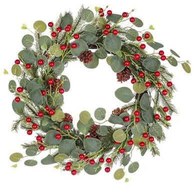 Wnvivi 50 cm Weihnachtskränze für die Haustür, Künstlicher Eukalyptus-Beerenkranz mit Tannenzapfen, Winter-Weihnachtskranz für Innen- und Außenbereich, Heimdekoration (rote Beere)