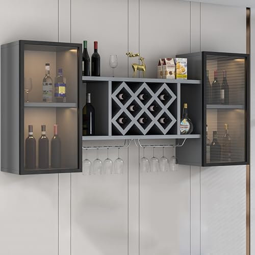 Vinoteca Montada en la pared,Botellero De Pared Con Luz Led , Estante De Almacenamiento Multifuncional Para El Hogar, Restaurante, Bar, Estantes Flotantes Para Exhibición De Almacenamiento De Vi(Gray)