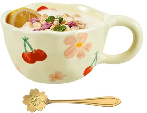 UOCAI 250ml Tasse céramique fleur, tasse à café, tasse the kawaii, Cute mug avec cuillère, tasses esthétiques créative, anniversaire femme, Cadeau femme original utile