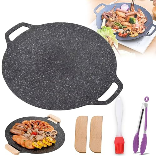 Non-stick Round Baking Pan, Korean Grill Pan for Indoor Cooking, Korean BBQ Grill Pan, Cooker Bakeware Meat Pot Outdoor Travel Camping Frying Pans (Thin,28CM)