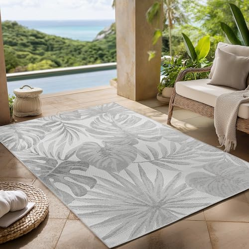 Carpettex Outdoor Teppich wetterfest Grau 200x290 cm, UV-beständig, ideal für Küche, Balkon, Terrasse, Garten auch Wohnzimmer und Esszimmer, Palmblätter-Design