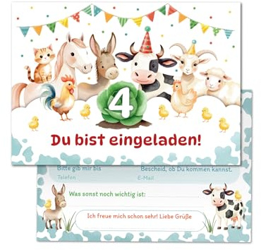 Junaversum 12 Einladungskarten zum 4. Kindergeburtstag Bauernhof Kinder Mädchen Jungen coole bunte Einladungen vierte Geburtstag Geburtstagseinladungen Kids