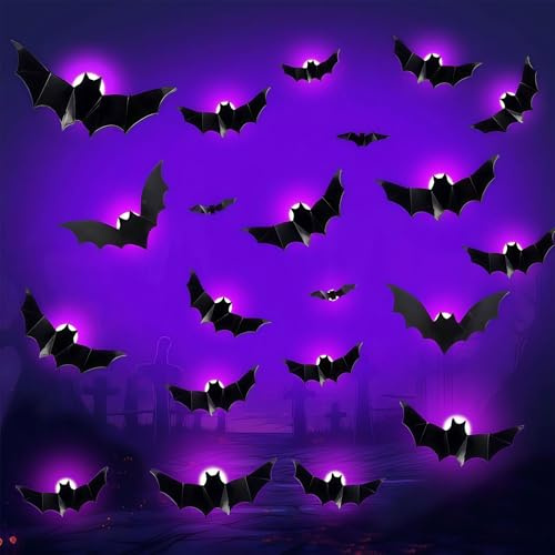 Lot de 24 chauve-souris décoratives 3D à LED violettes D-eko - Décoration d'Halloween - Décoration d'Halloween - Chauve-souris - Décoration 3D - Avec LED - Autocollants muraux - Kit de décoration pour