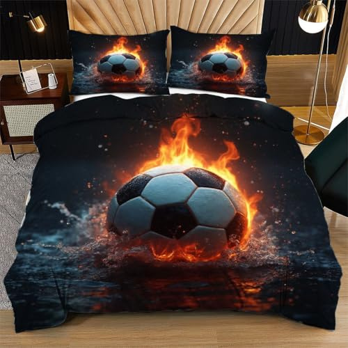 Nuphtun Housse de Couette 140x200 Ballon De Football Enflammé, Super Microfibre Ensemble de Literie 140x200 avec Fermeture Éclair, 3D Impression Parure de Lit + 2 Taies d'oreiller 65x65