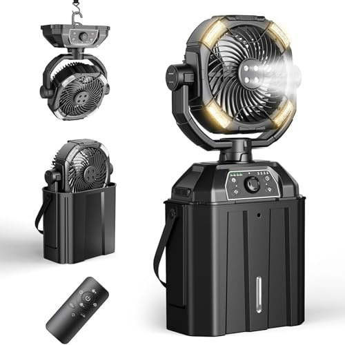 Ventilador de camping portátil,20000 mAh,recargable,con mando a distancia,luz LED,regulación de velocidad continua,con pulverizador de refrigeración,cubo de 6 L,función de temporizador Black