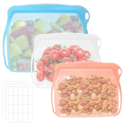 Byfoyif Sac Congélation Zip en Silicone (2x500 ml, 1x1000 ml), Sachet Alimentaire Cuisine Réutilisable, Pochette Zippée Alimentaire Refermable, Sac Congélation Lavable sans BPA, pour Fruit Noix Légume