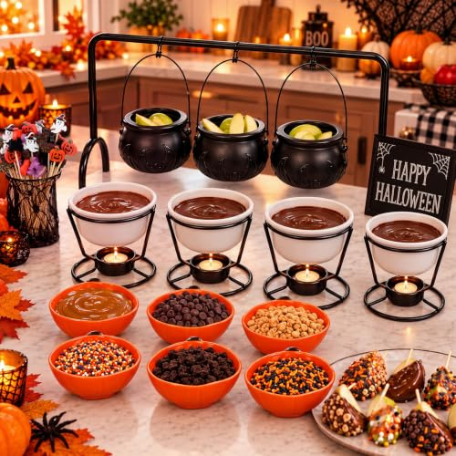 Potchen 15 Pcs Halloween Party Decorations DIY Caramel Apple Dipping Bar Set, 3 Witches Cauldron on Rack, 4 Fondue Pot, 6 Ceramic Pumpkin Plates, 50 Bamboo Cocktail Picks Witchy Table Decorations