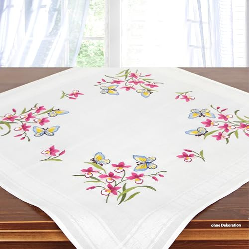KAMACA Kit da ricamo, tovaglia a punto piatto con motivo floreale, tela prestampata incl. filo da ricamo, schema di ricamo e istruzioni, kit da ricamo fai da te per adulti (Iris e Farfalle MD 80 x 80