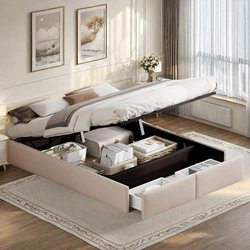 Bett mit Bettkasten 140 x 200 cm, Doppelbett, modernes Doppelbett mit hydraulischem Stauraum und 2 Schubladen, Bettgestell mit Lattenrost aus Holz und Metallgestell, beige