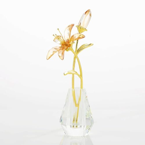 Movdyka Champagne Crystal Lily Flower Figurine with Stems - Handmade Collectible Statue for Decoration Mothers Day Centerpiece Valentines Day Bridal Shower Gift