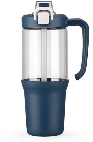 BLUEGO 1 Litro Botella de Agua Con Pajita y Asa Vaso de Vidrio de Borosilicato con Funda de Silicona, Taza para Café Helado para Batidos, A Prueba de Fugas, Sin BPA, Azul oscuro