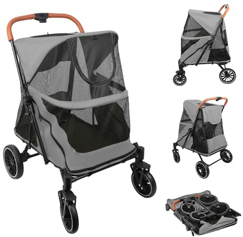 Homewell 3 in1 Hundewagen Faltbar für große Hunde, 4-Rad-Haustiere Buggy, bis 35 kg, Hundebuggy, mit Netzfenstern Getränkehalter, Jogger Buggy für Haustiere (Grau)