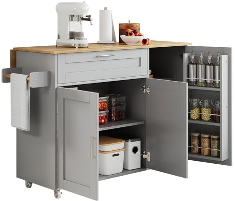 BTM Kitchen Island On Wheels Rolling Storage Trolley with Worktop Multifunctional Cabinet Kitchen Storage With Drawers, Spice Rack, Grey
