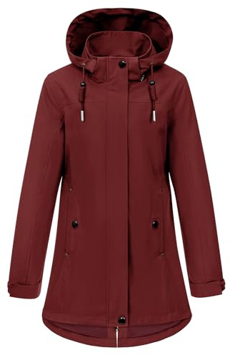 CMTOP Giacca Donna Softshell Impermeabile Antivento, Giacca Mezza Stagione Lungo con Tasche, Primavera Autunno Outdoor Parka Cappotto, Giacche Giubbotto con Cappuccio Removibile(bordeaux,S)