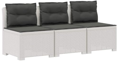 Mhdvray 3-Sitzer Garten Sofa mit Kissen Rattan-Optik PP Weiß | Modulares 3er Loungesofa aus wetterfestem Kunststoff in Rattan-Optik für Garten, Balkon und Terrasse inklusive Sitzkissen.