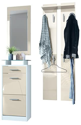 Vladon Garderobenset Garderobe Loret V2 Mini, Korpus in Weiß matt/Front in Creme Hochglanz