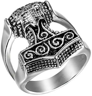 JewelryWe Schmuck Biker Herren-Ring Edelstahl Retro Thors Hammer Band Ring Schwarz Silber