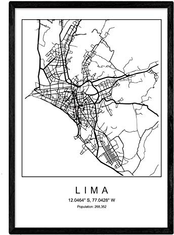 Karte der Stadtkarte Lima Nordic Style in Schwarzweiß. Poster A4 mit schwarzem Rahmen gedrucktes Papier 250 gr. Bilder, Bettwäsche und Poster für Salon und Schlafzimmer
