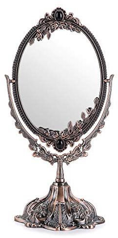 JUXYES Espejo de Maquillaje Decorativo Antiguo de Metal con Soporte, Espejo cosmético Giratorio Vintage de Doble Cara con Marco, Espejo Ovalado de Escritorio Retro para baño y Dormitorio